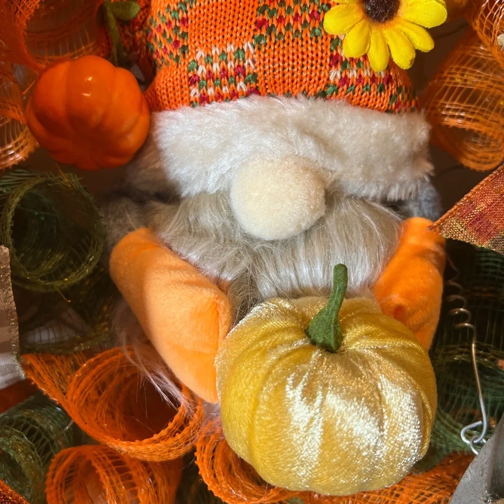 Autum Fall Ribbon Wreath Pumpkin Gnome Handmade 22 in’s. #W2